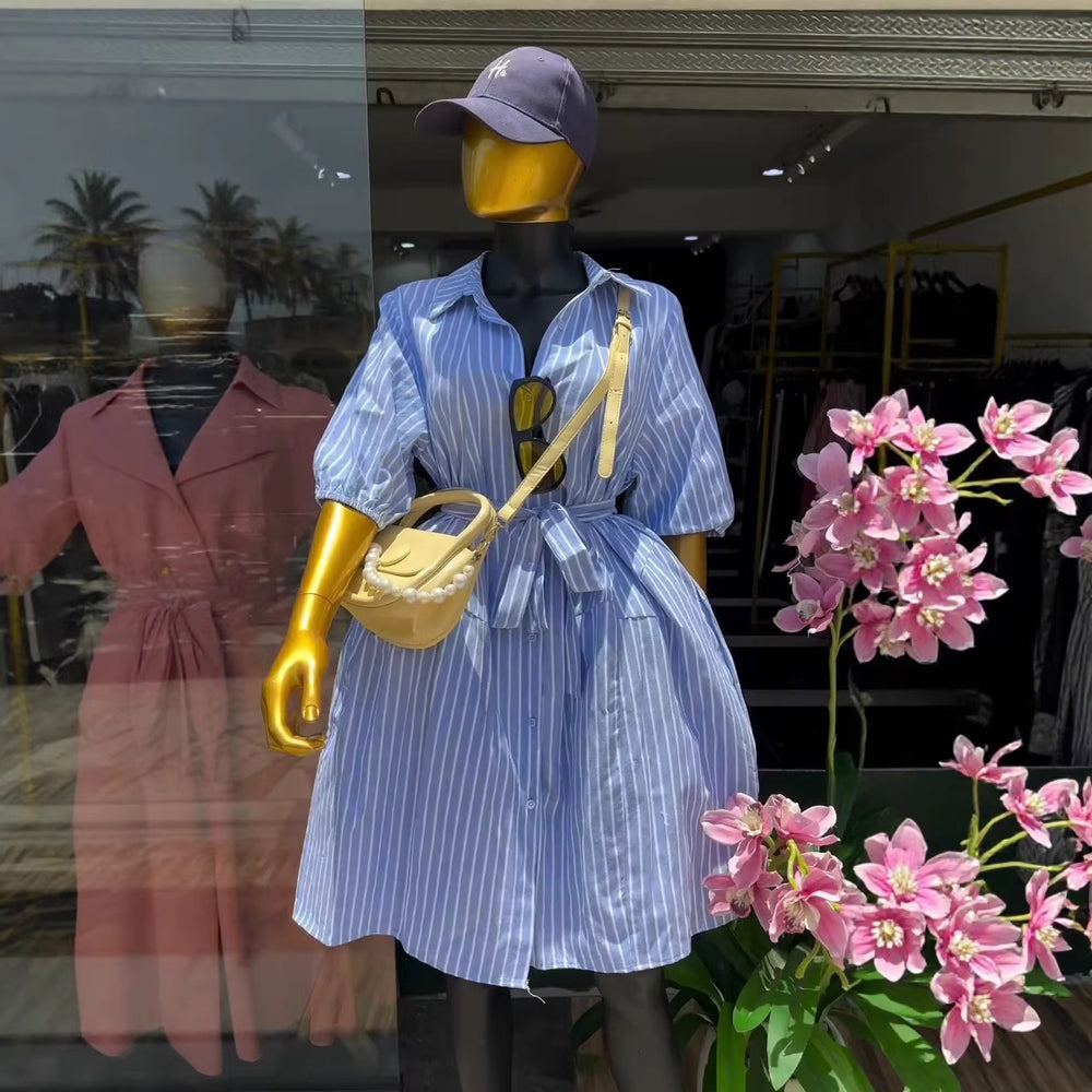 European and american cross-border women's fashion:  summer new arrival - elegant and stylish striped blue shirt dress with lapel and tie