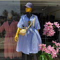 European and american cross-border women's fashion:  summer new arrival - elegant and stylish striped blue shirt dress with lapel and tie