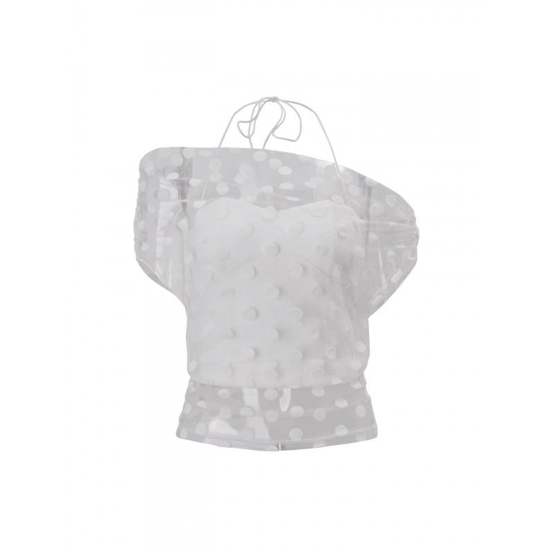 European and american style women's spring  new sexy asymmetrical neck see-through mesh top with halter neck inner vest two-piece set