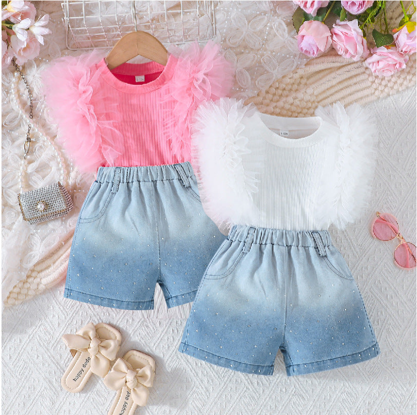 new girls' pink mesh ruffle sleeveless top + gradient rhinestone denim shorts set