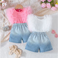 new girls' pink mesh ruffle sleeveless top + gradient rhinestone denim shorts set
