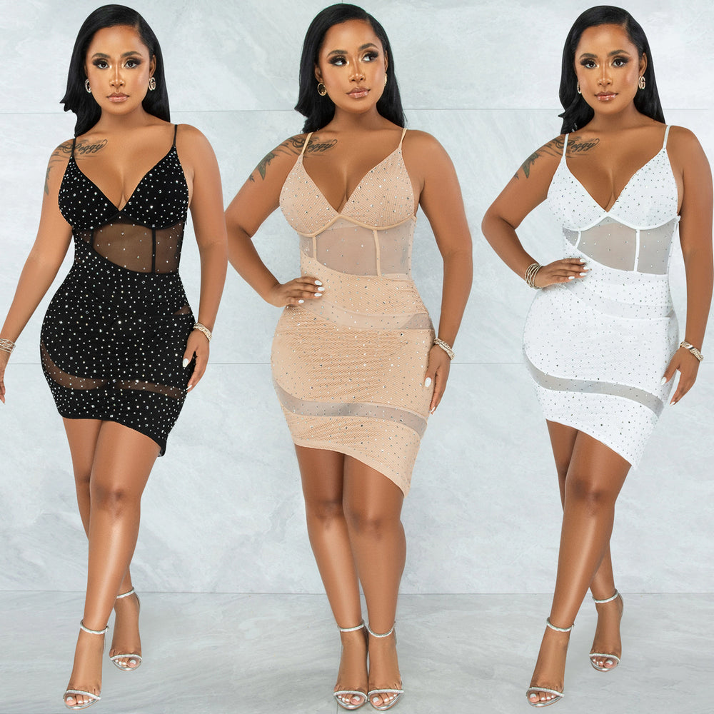 X5575 cross-border fashion women's sexy v-neck mesh see-through nightclub rhinestone strappy irregular dress