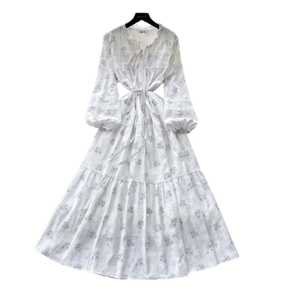 French chic lantern sleeve printed dress - women's summer korean style, slimming tie-waist, ethereal fairy dress