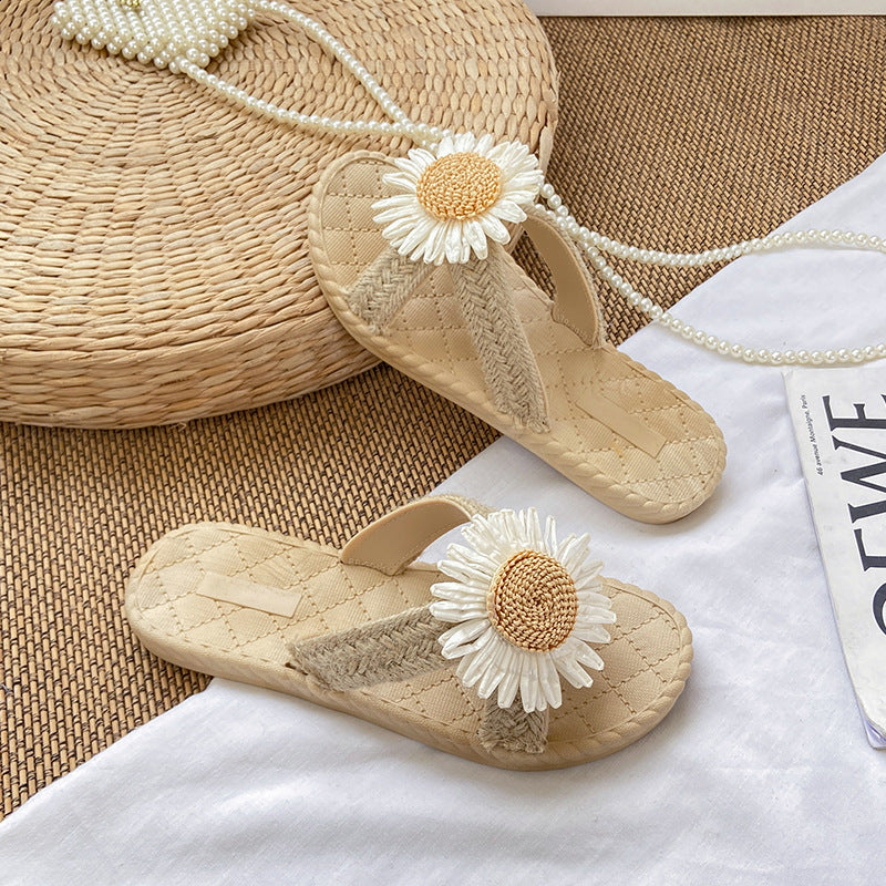 Sunflower slides women's flat outdoor wear imitation straw weaving travel beach shoes summer new anti-slip slippers women