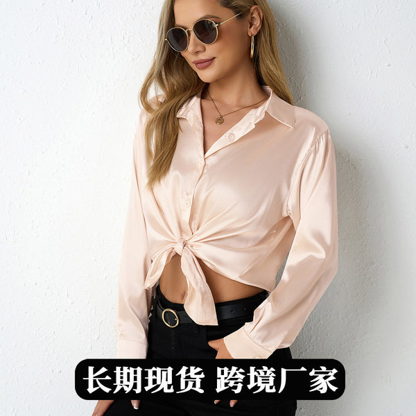 Real  women's satin shirt women, simple v-neck cardigan shirt,  women's loose top
