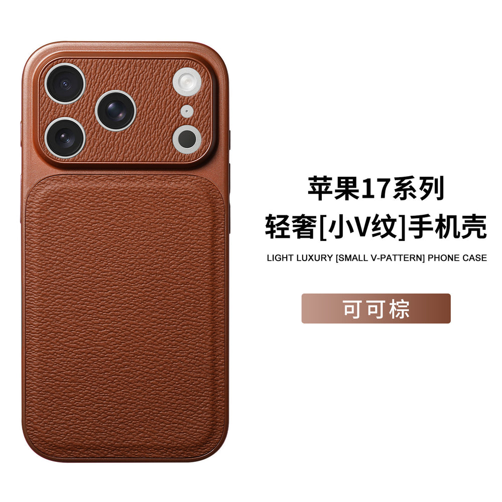 17promax small v pattern lychee pattern suitable for apple 16 seconds to 17 large window anti-fall mobile phone case 15 plain leather case