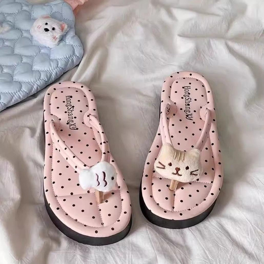 Kitten polka dot flip-flops outwear sandals new arrivalinsfashionthick sole flip-flops korean style home slippers for women