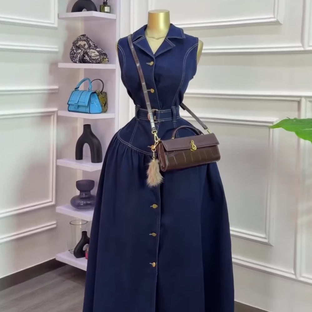 European and american cross-border women's fashion:  summer new arrival - elegant lapel, button-down, tie-waist, long denim dress