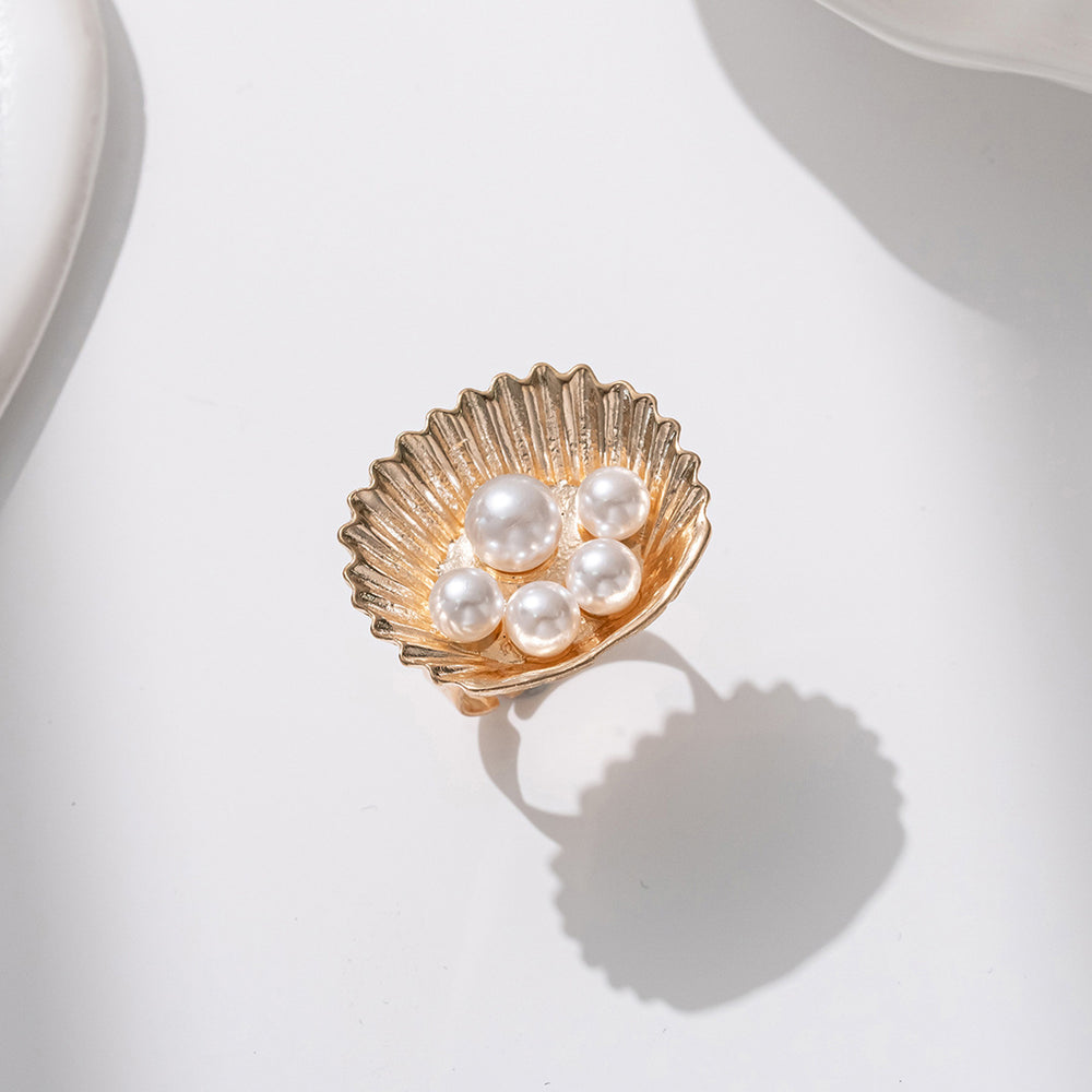 European and american cross-border hot-selling faux pearl open ring - fashionable, creative geometric ocean-themed seashell adjustable jewelry
