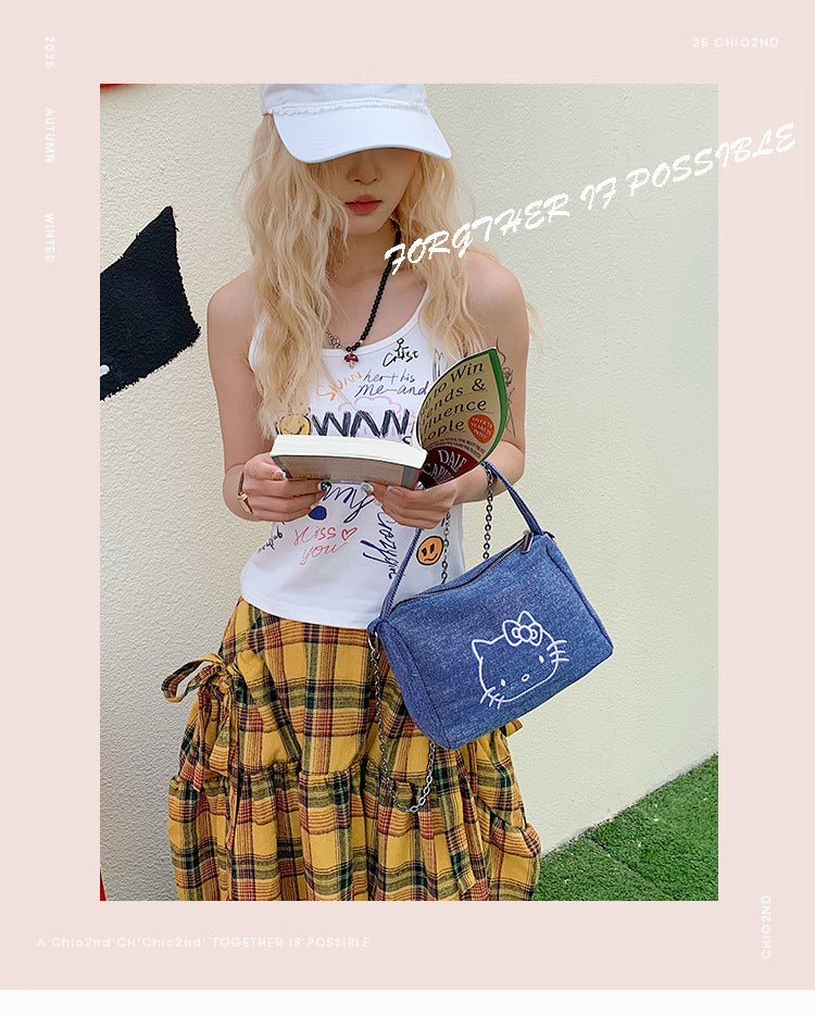 Cross-border cute cat embroidery cylinder handbag women's new shoulder bag portable handbag chain messenger bag women