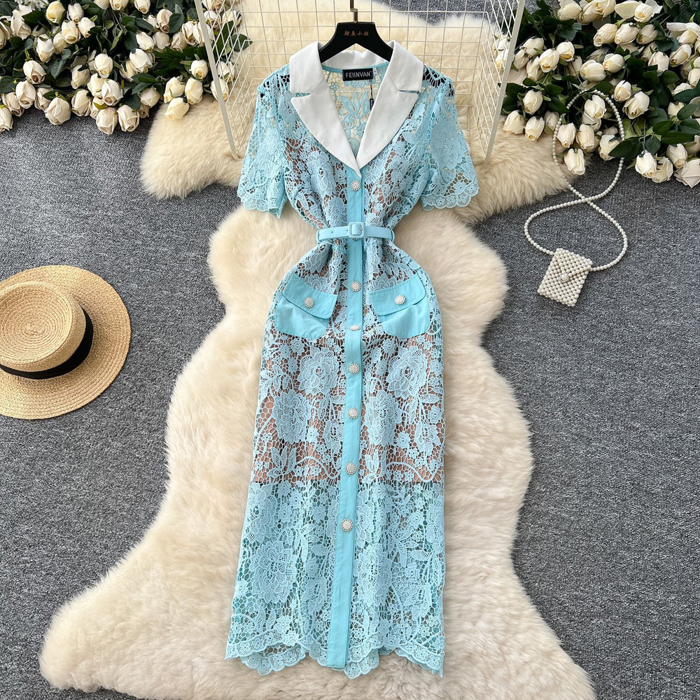 Luxury european and american style blazer collar short sleeve dress - women's summer mesh hollow-out crochet slimming elegant maxi dress