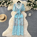 Luxury european and american style blazer collar short sleeve dress - women's summer mesh hollow-out crochet slimming elegant maxi dress