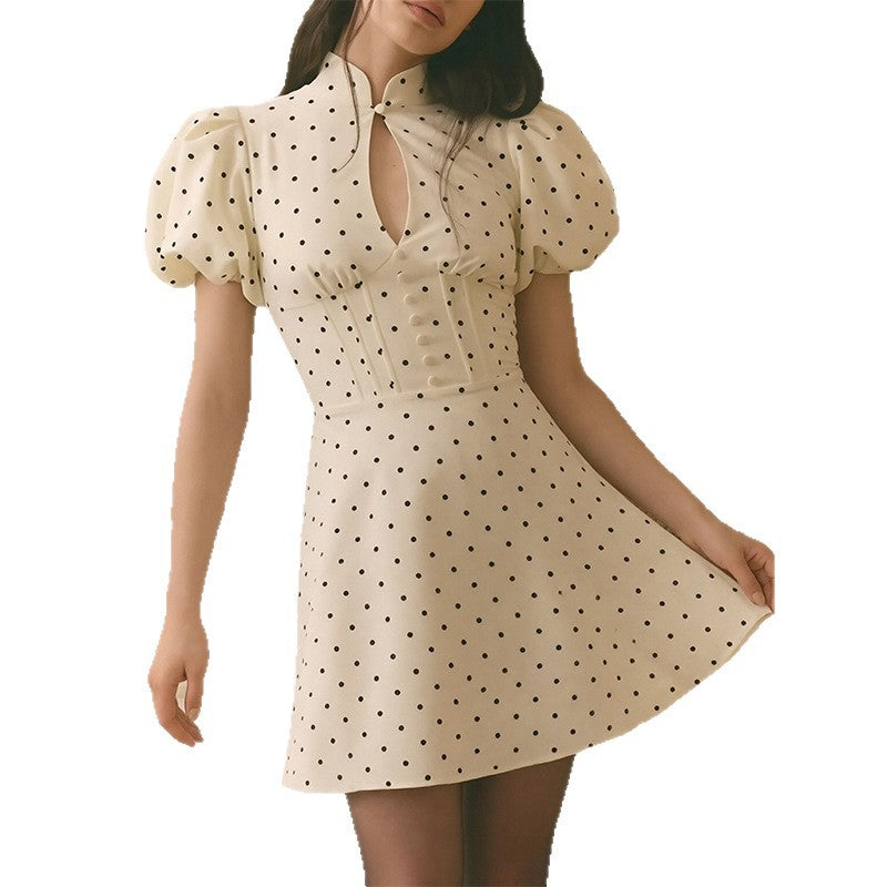 summer new women's clothing  cross-border fashion polka dot hollow-out waist bubble sleeve dress (us/eu style)