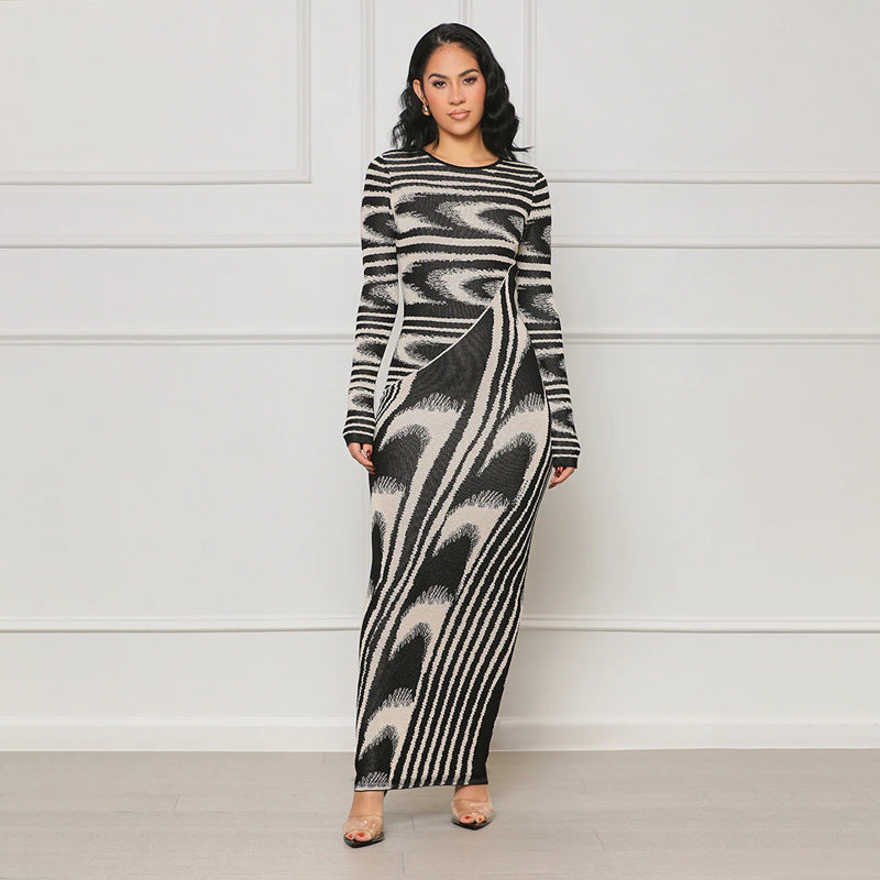 New arrivals: irregular print sexy slim-fit bodycon long sleeve dress for cross-border e-commerce