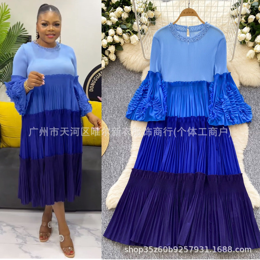 Miyake cross-border wholesale new arrival color matching round neck beading elegantplus size women's miyake pleated dress