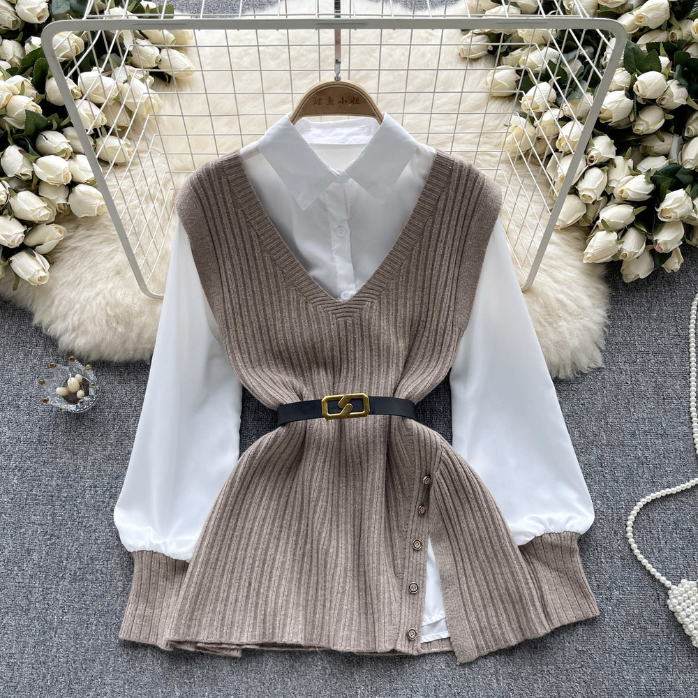 Autumn new arrival: chic & mature style - loose fit lapel patchwork white shirt + v-neck asymmetrical knit vest two-piece set