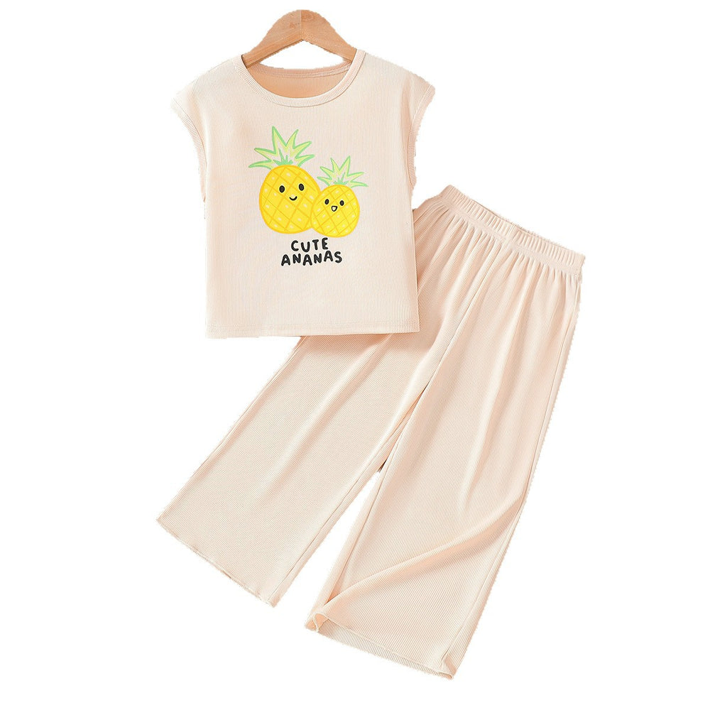 Girls' summer outfit: light pink pineapple & letter print sleeveless top and pants set
