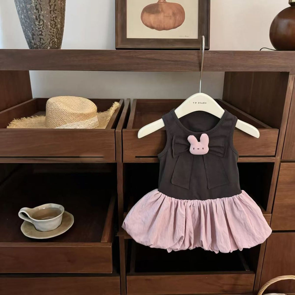 Summernew arrivaldress soft cute style girl pink and white contrast colorlace collar bows flower bud skirt girl vest skirt