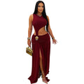 C7597 cross-border   fashion women's sexy solid color sleeveless cropped slit dress