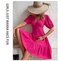 Shipped:  summer new women's slim-fit v-neck bubble sleeve solid color midi dress