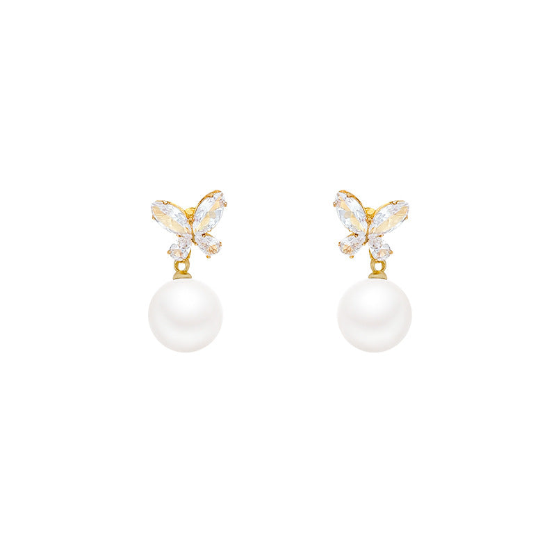 Sparkling butterfly pearl front and back two-wear stud earrings for women 2026 new arrivalniche stylesense of design earringselegant earrings