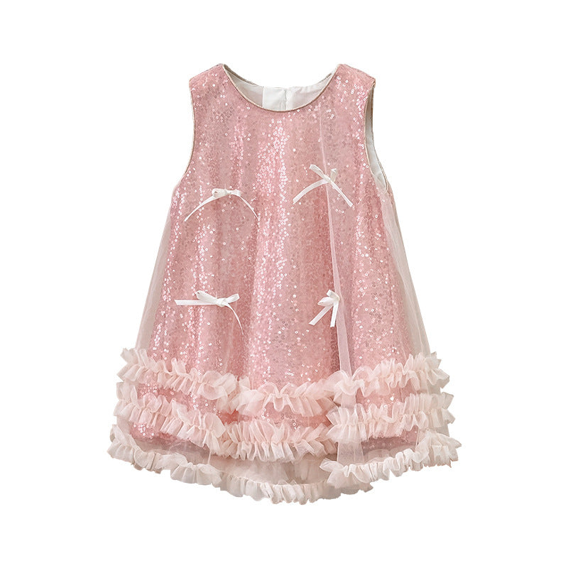 【clearance】girls' princess dress - new summer collection: stylish mesh dress with vest top, sequin detail, and bow accent