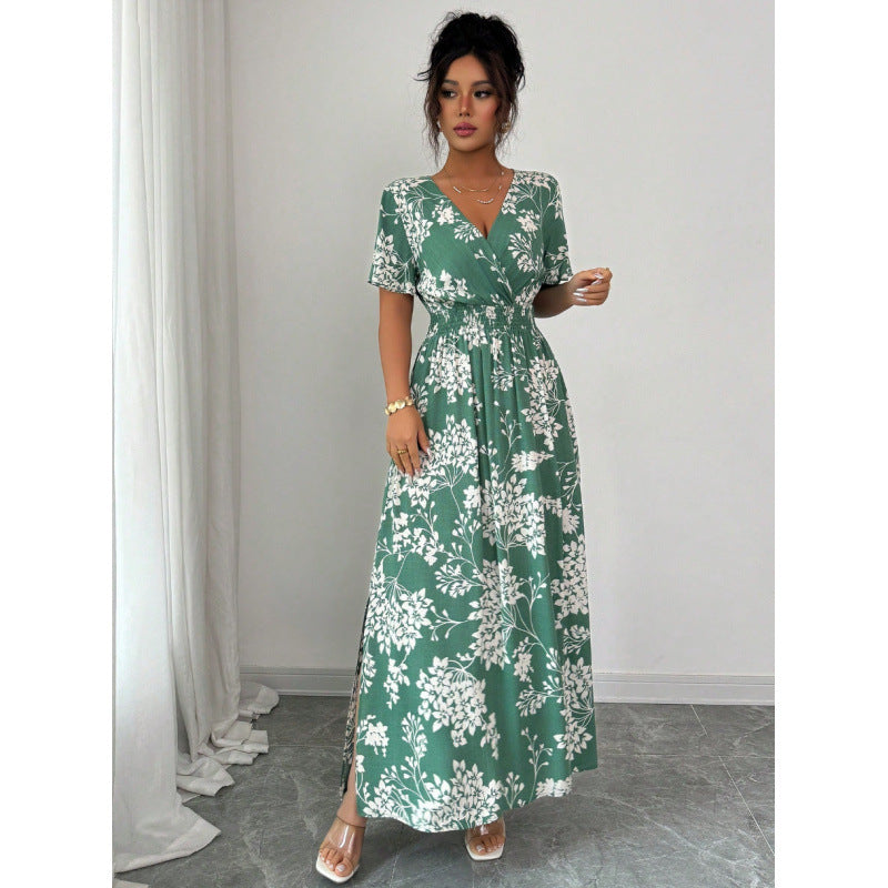 cross-border european and american floral print dress - butterfly sleeve, slit thigh maxi dress