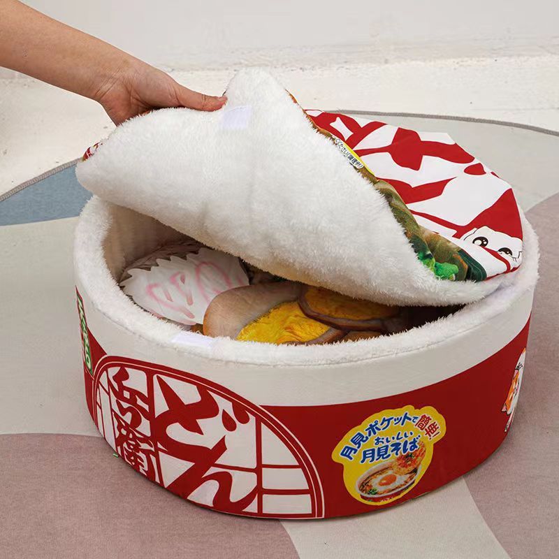 Influencer-approved instant noodle cat bed - enclosed, warm, plush cat/dog bed - japanese style, fleece-lined, removable & washable cat house supplies