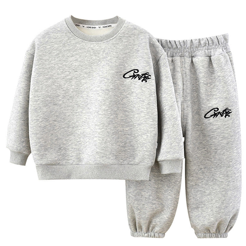 Kids' fleece-lined sweatshirt set: stylish two-piece tracksuit for boys and girls, autumn/winter collection, korean style