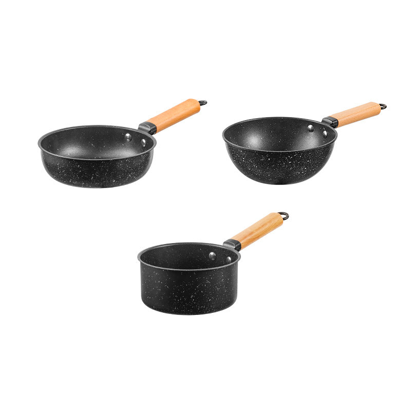 New arrival medical stone non-stick small milk pot with oven mitts wooden handle korean stylefor home frying pan wok stone color flats pot wholesale