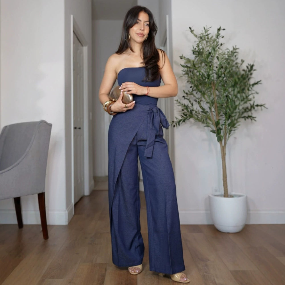 European and american  women's clothing  new bandeau top, minimalist chic blouse, relaxed sweet & cool wide-leg pants two-piece set