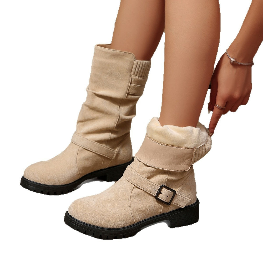 winter fleece-lined leather buckle mid-calf boots for women, new export style, wool-lined, plus size cotton shoes -  43