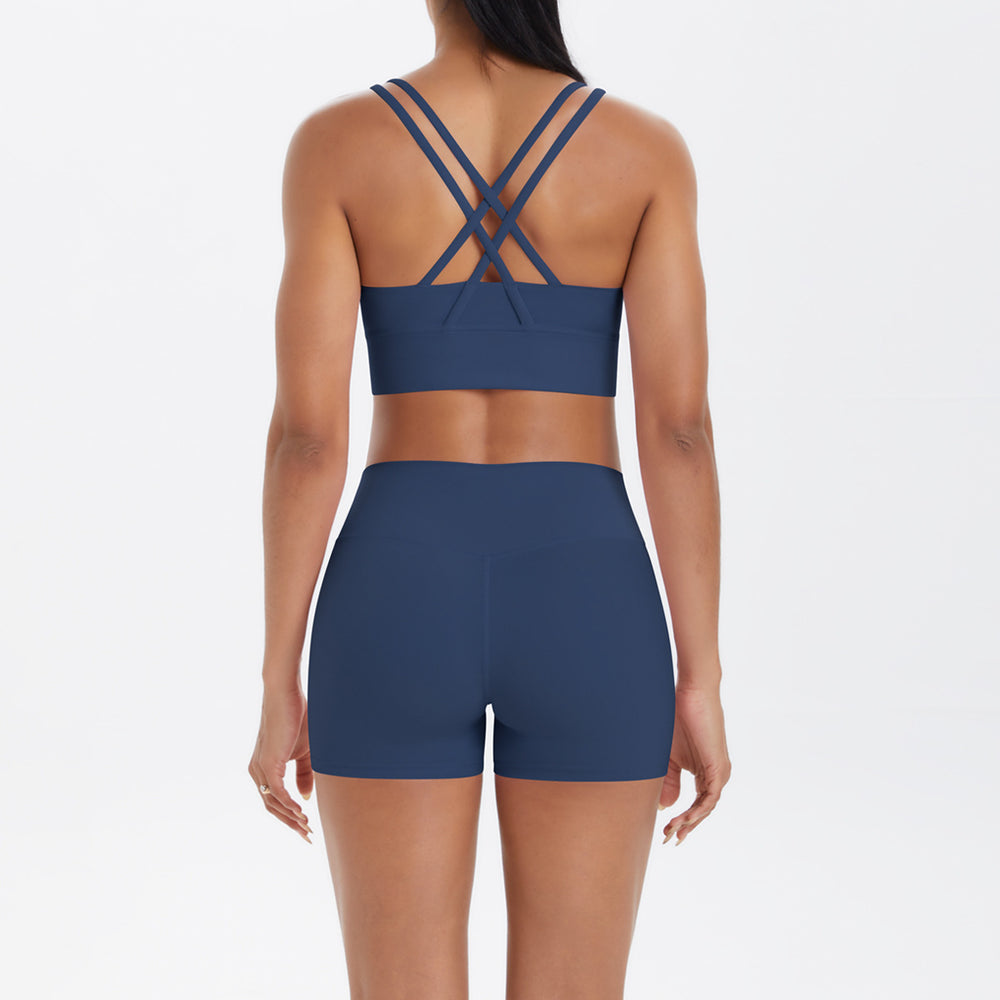 Fashion cross-border nude brushed cross back bra casual sports hip lifting shorts fitness yoga wear two-piece set