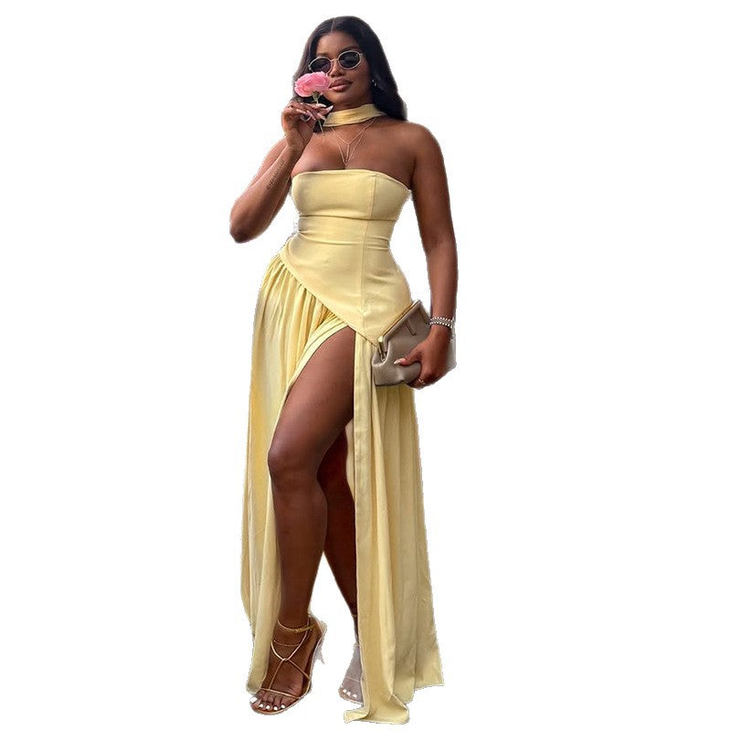 European and american cross-border women's fashion  summer new arrival: elegant halter neck bandeau yellow slit gift long dress