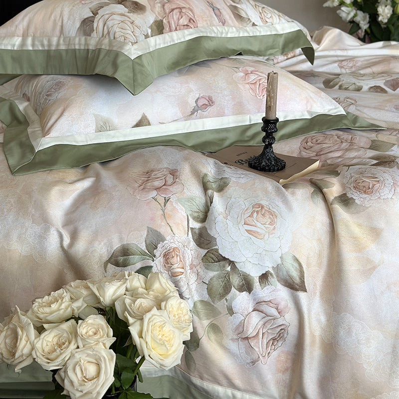 Spring and summer pastoral 100S long-staple cotton digital printing four-piece cotton wide-edge quilt cover for sleeping naked on a pure cotton bed