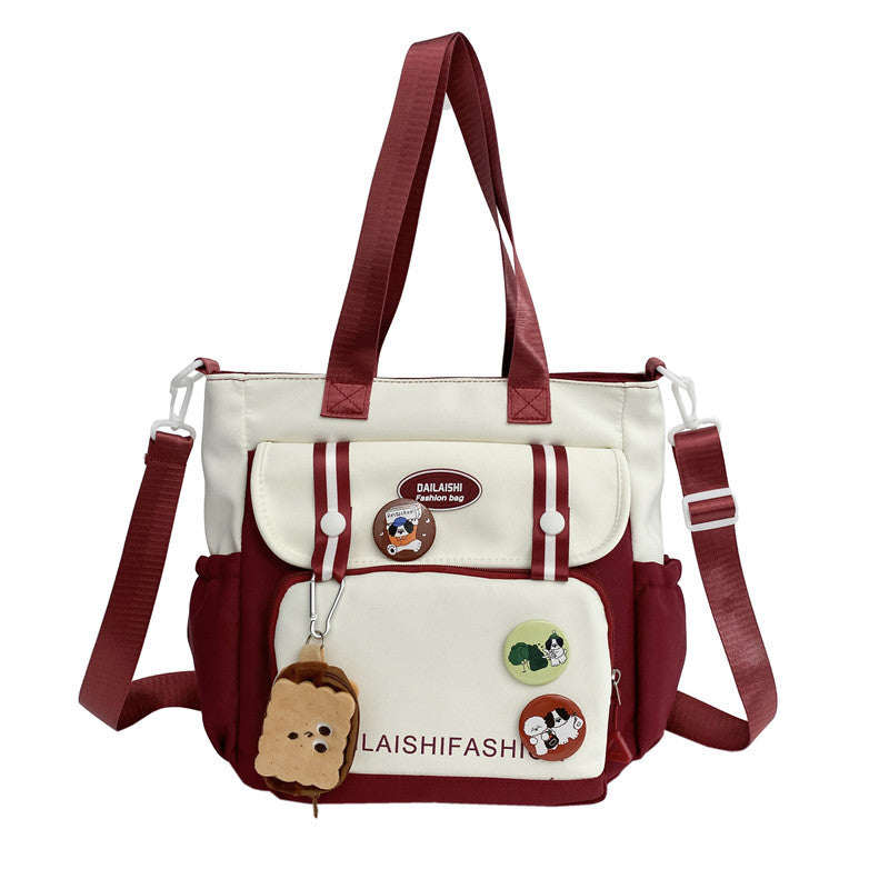 New large-capacity contrasting color handbag female cute girl shoulder messenger bag college student class tutoring bag