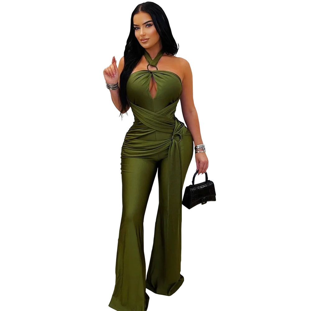 C7570 cross-border   fashion women's solid color elegant halter wide leg sleeveless jumpsuit