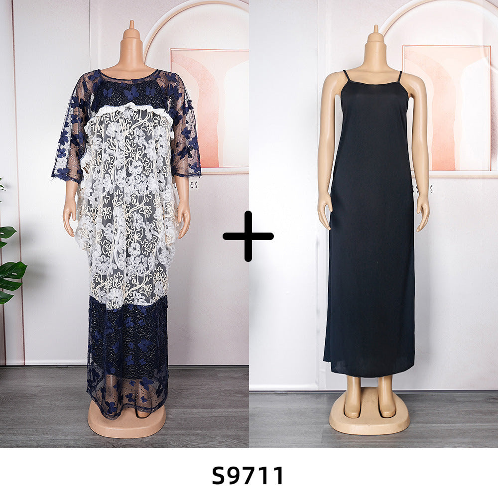 new european and american cross-border e-commerce  butterfly floral dress african  lace patchwork robe