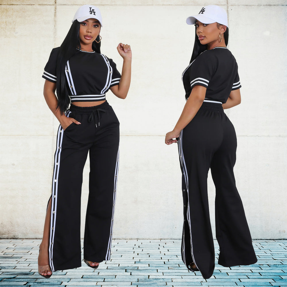 C7255 cross-border   fashion women's wide-leg loose casual pants two-piece set
