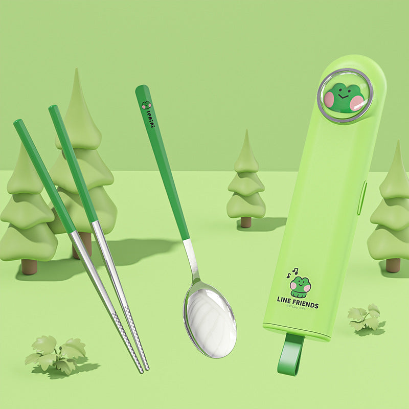 Cartoon cute portable tableware box student spoon chopsticks stainless steel picnic outdoor travel tableware set wholesale