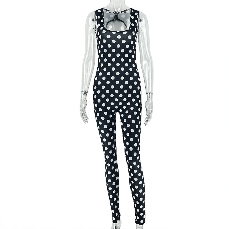 European and american style foreign trade black and white polka dot women's slim-fit printed sporty jumpsuit - figure-flattering wrap-bust trendy bodysuit