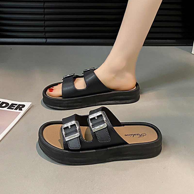 Retro color slippers for women new arrival double leather belt buckle flip-flops spring and summer outwear stepping on shit feeling half slippers beach sandals