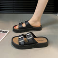 Retro color slippers for women new arrival double leather belt buckle flip-flops spring and summer outwear stepping on shit feeling half slippers beach sandals