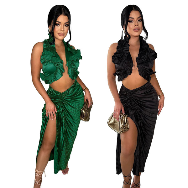 K10734  European and American fashion women's clothing sleeveless split ruffle edge pleated skirt set account period link