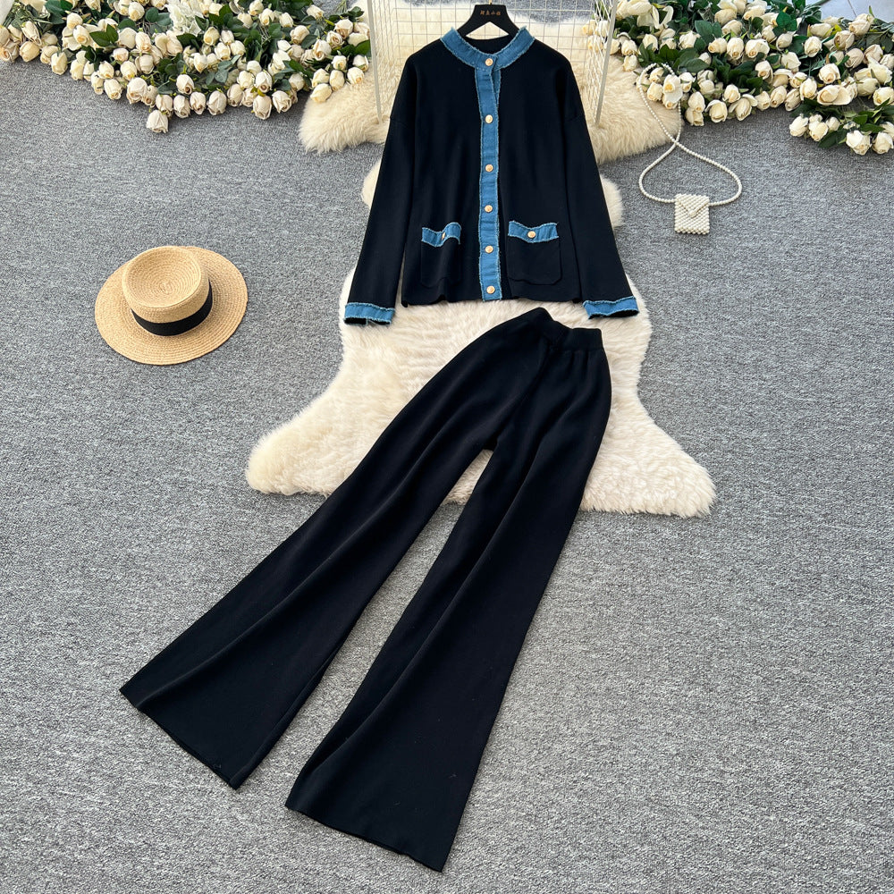 French chic goddess style: trendy denim & knit patchwork crewneck jacket + high-waisted wide-leg pants two-piece set