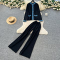 French chic goddess style: trendy denim & knit patchwork crewneck jacket + high-waisted wide-leg pants two-piece set