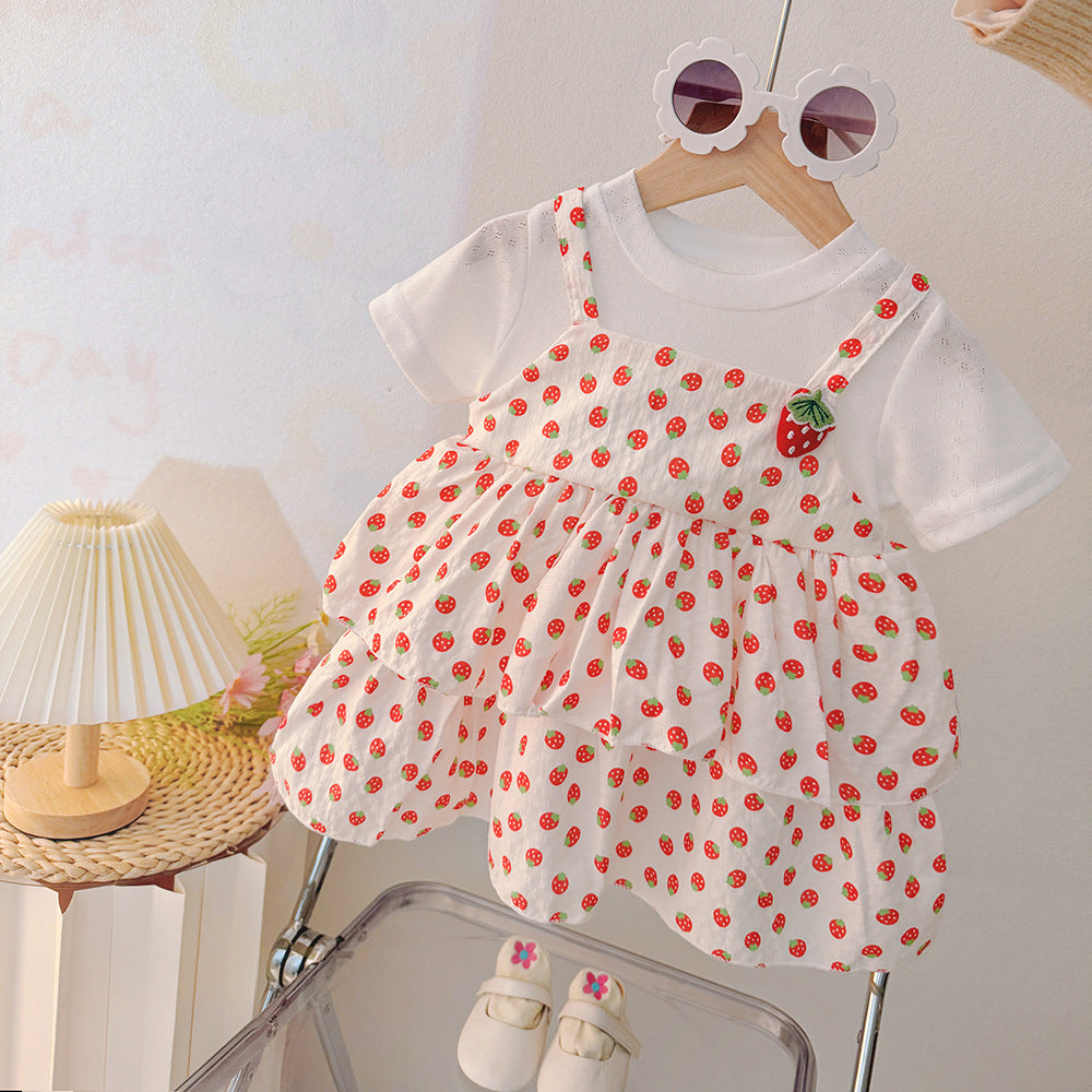 summer cute kids' clothing baby toddler cartoon strawberry print faux two-piece girls' versatile short-sleeve dress