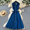Korean style premium turn-down collar sleeveless single-breasted denim dress - women's summer slimming, figure-flattering, elegant maxi dress