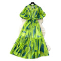 Palace style niche styleclassy puff sleeve shirt dress female french strap waist printing large swing long skirt