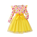 Girls' dress, flutter sleeve printed patchwork mesh dress